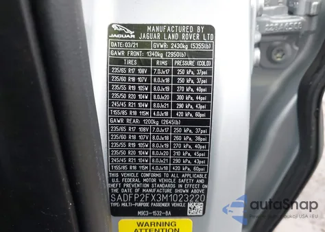 2021 Jaguar E-Pace Se P250 Awd Automatic z USA, uszkodzony, nr VIN SADFP2FX3M1023220